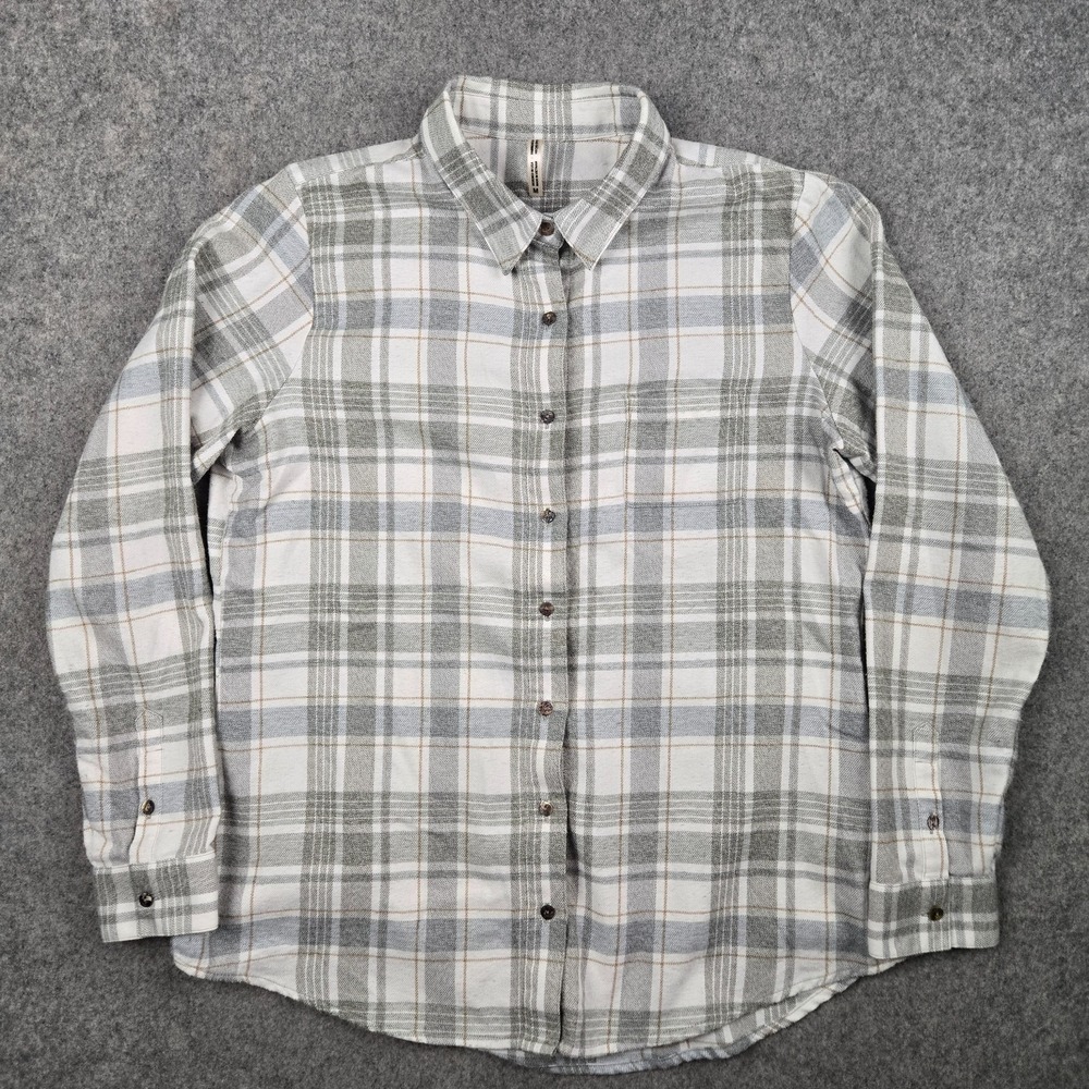 KUHL Kamila Flannel Womens M White Blue Plaid Button Up Shirt Long Sleeve Soft